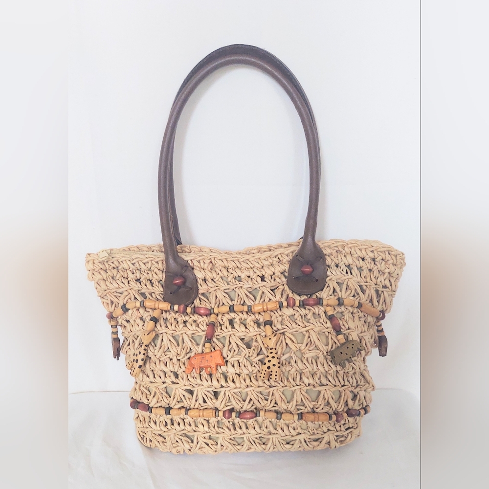 Cappelli Straworld Beaded Wooden Safari Animal Straw Dual Handle Handbag